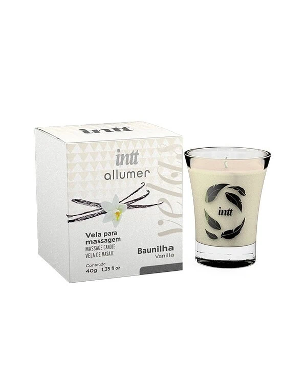 Vela para massagem beijável com aroma de baunilha, ideal para momentos de relaxamento e intimidade.