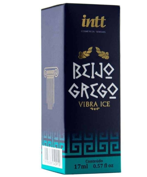 Descrição de imagem de uma embalagem de Vibra Ice Benjo Grego com design sofisticado azul e dourado, destaque para produtos de bem-estar e sensualidade.