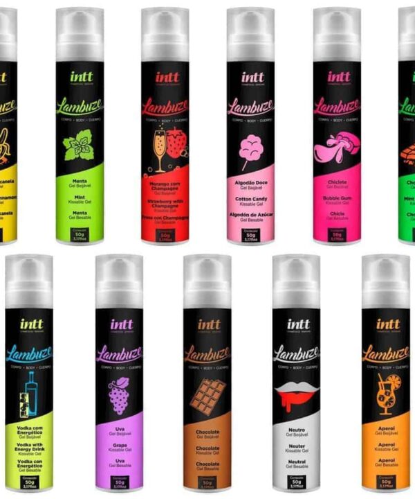 Lábios com gel beijável Lambuze, variedade de sabores e cores vibrantes.