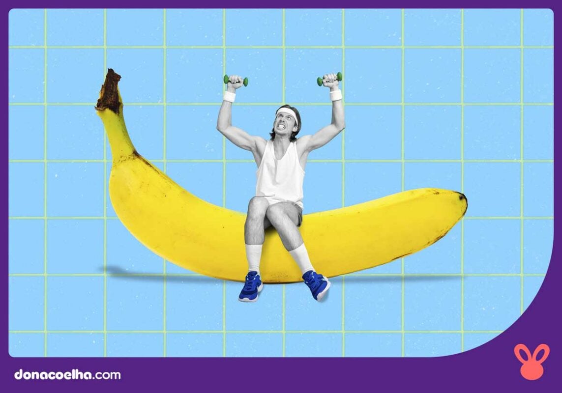Figura de um homem levantando halteres sentado em cima de uma banana gigante