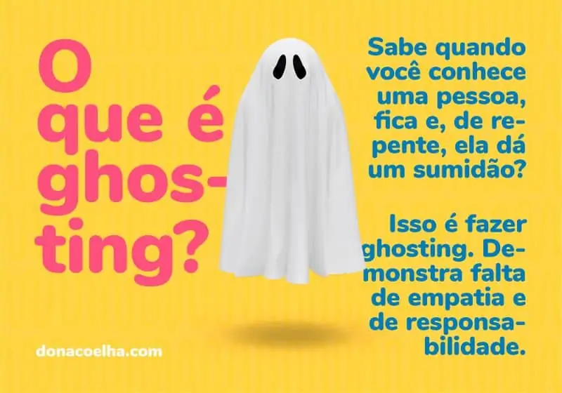 Banner informativo com fundo amarelo e desenho de um fantasma, explicando o que ghosting