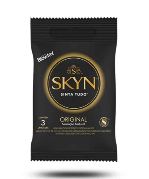 Skyn preservativos masculinos, embalagem de 3 unidades, sabor original e sensação natural.