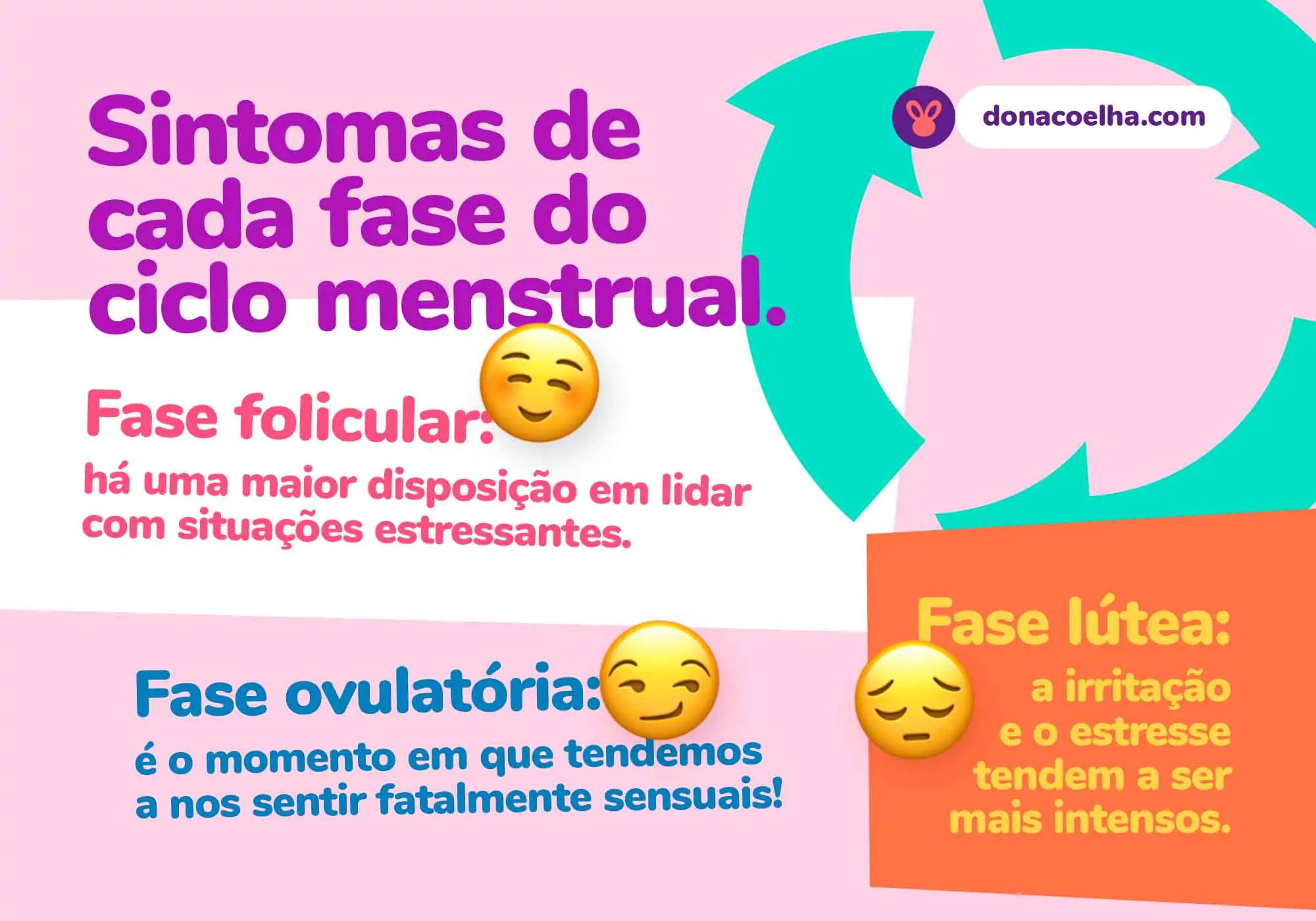 Infográfico com explicação dos sintomas das fases do ciclo menstrual, relacionando emojis que se relacionam pra cada uma.