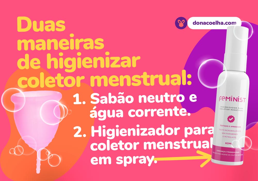 Imagem com informações de como efetuar limpeza de coletor mestrual