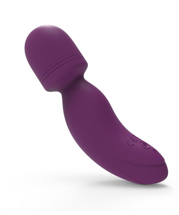 Vibrador de clitóris em forma de varinha mágica, roxo, com design ergonômico e silencioso.