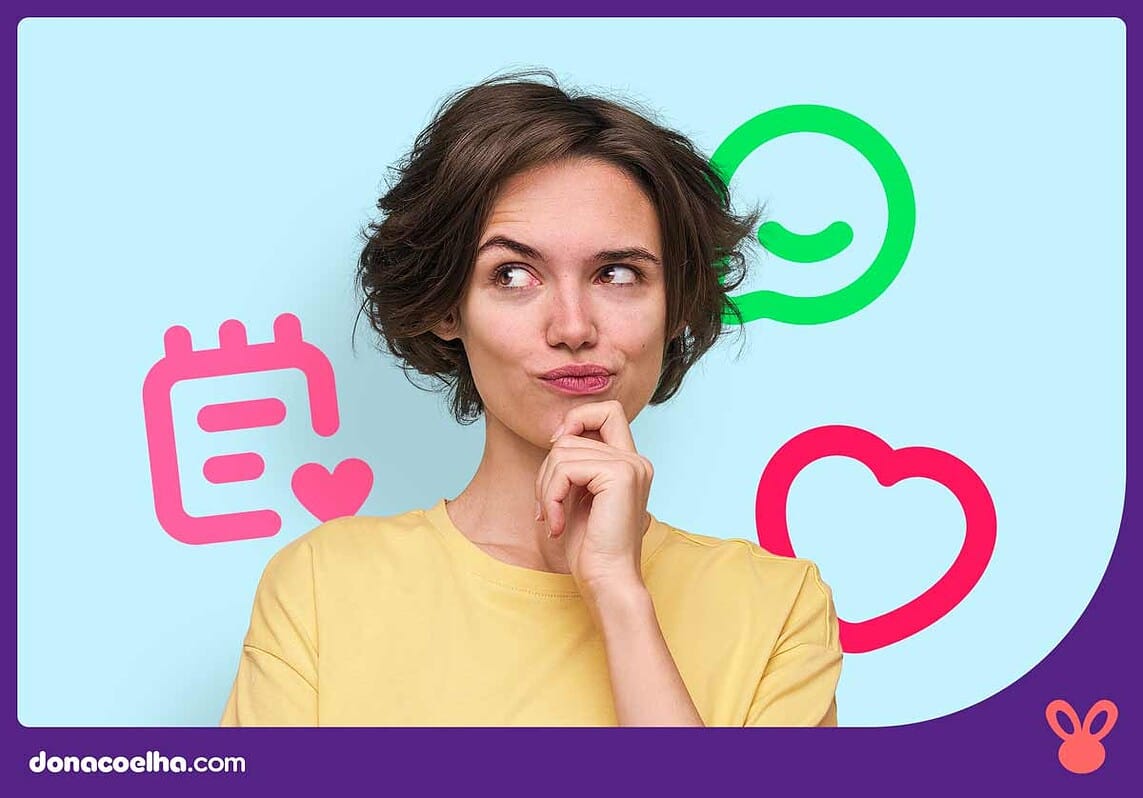 Mulher pensativa com ícones coloridos ao fundo