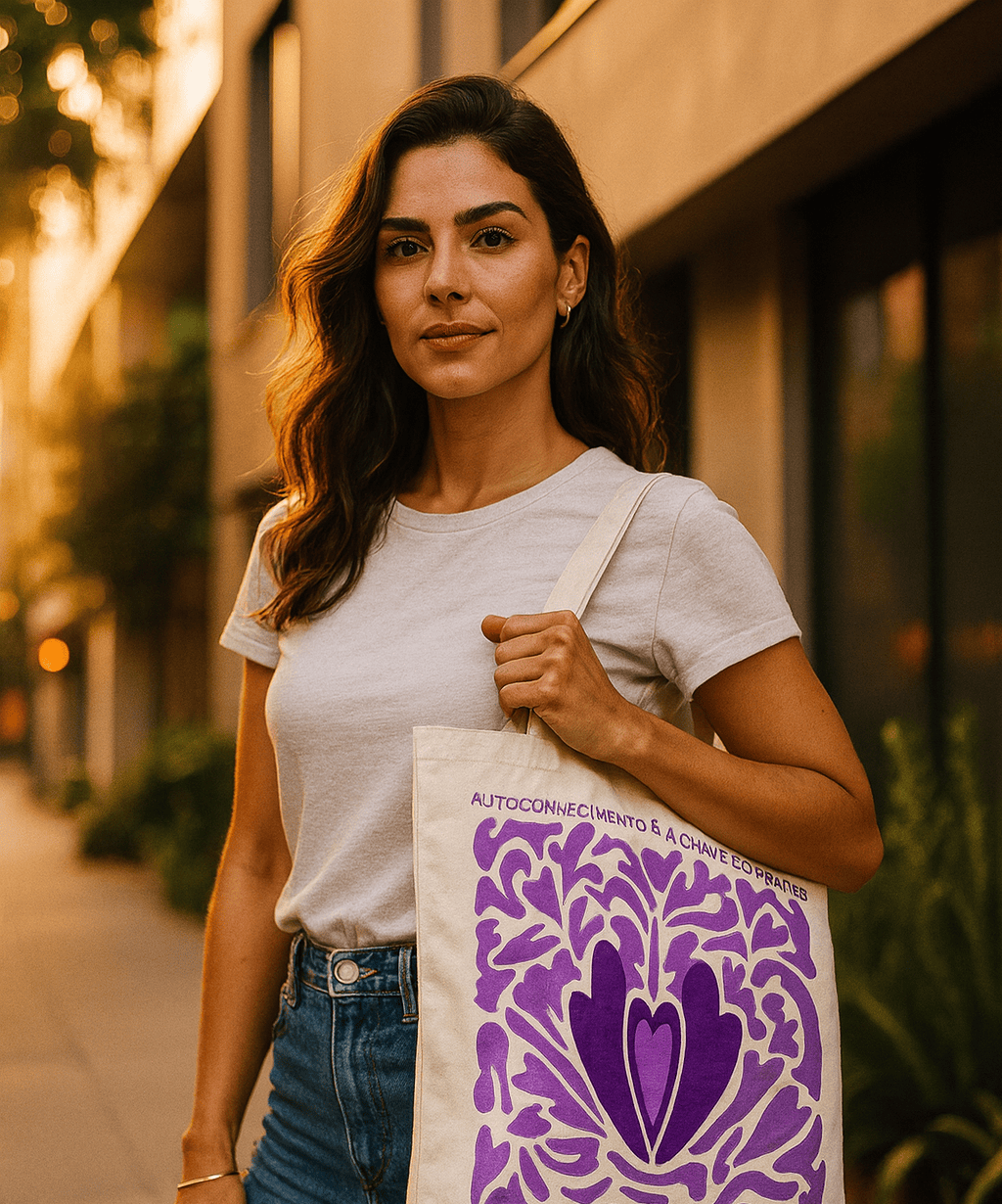 Mulher segurando sua ecobag da Dona Coelha na frente do prédio