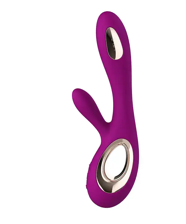 Estimulador vibratório Dona Coelha em silicone roxo, com design ergonômico e funções de vibração par.