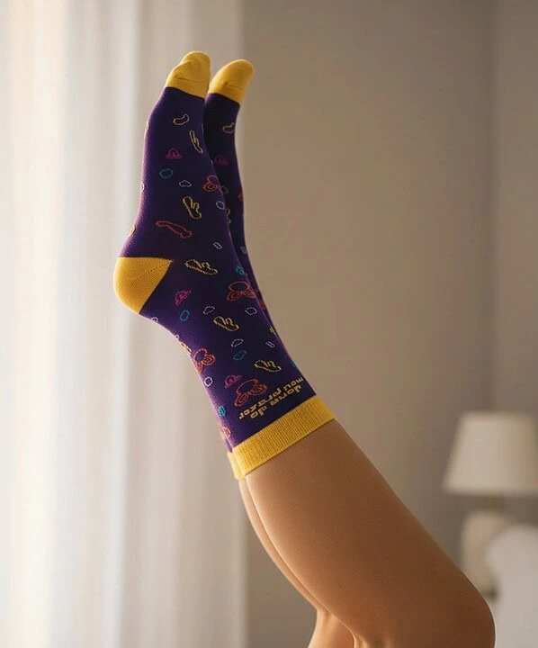 Meias Dona Coelha divertidas com desenhos coloridos e detalhes amarelos, perfeitas para um look aleg.