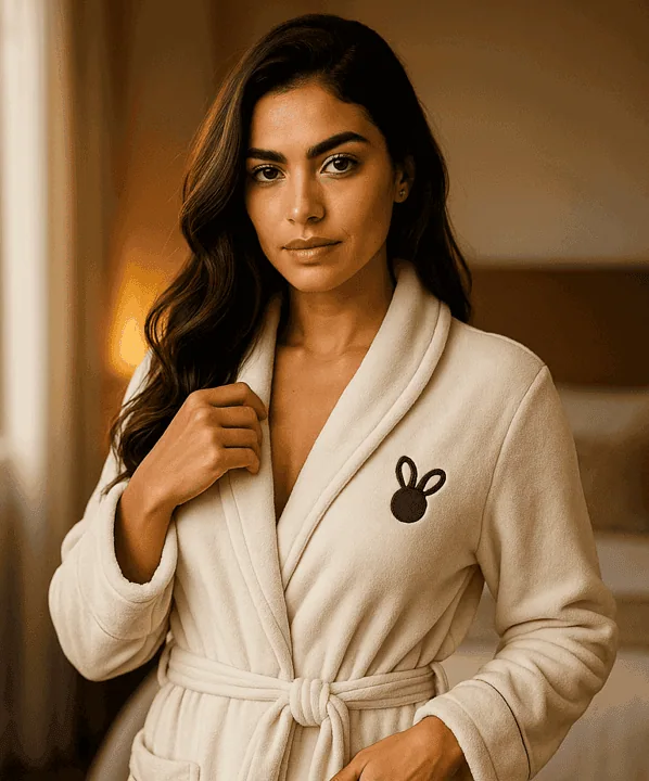 Robe de banho bege com logo de coelhinho, ideal para relaxar em casa com estilo e conforto.
