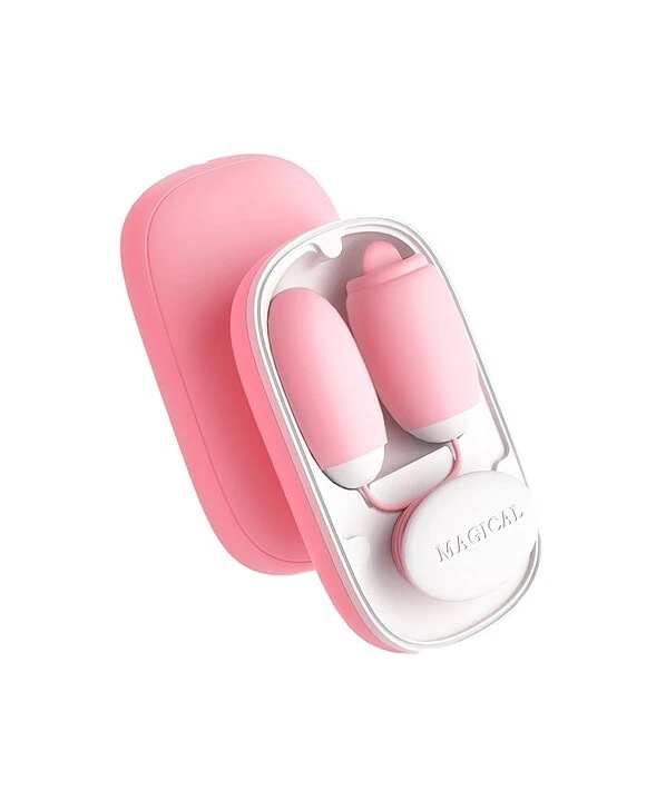 Fones de ouvido rosa em estojo compacto portátil.