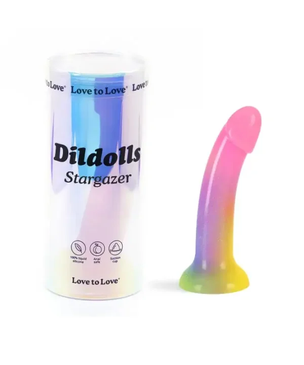 Dildo colorido com embalagem de cilindro, ideal para prazer e estimulação sexual.