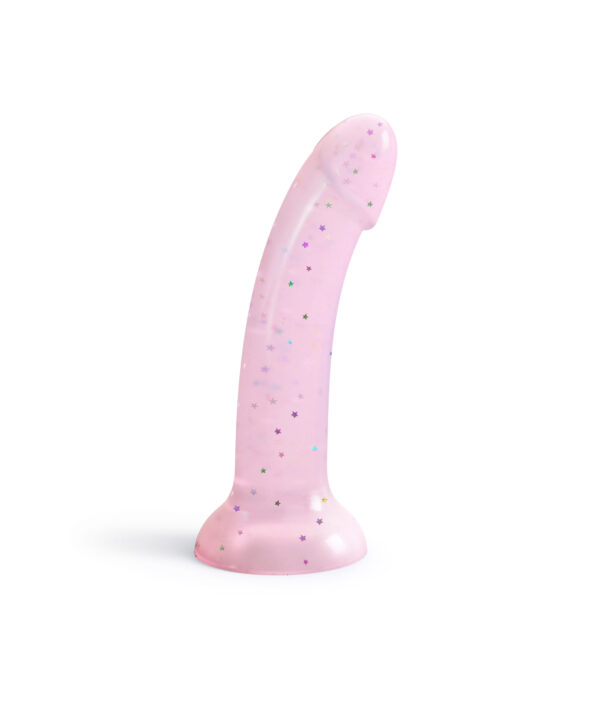 Vibrador rosa com estrelas holográficas, feito de gel macio para prazer íntimo e seguro.