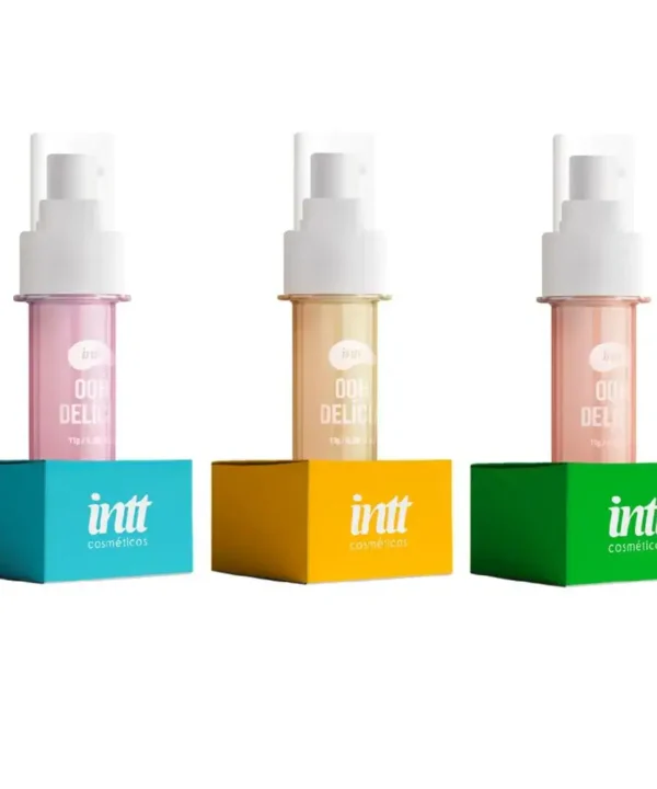 Borrifadores de produtos de beleza da Dona Coelha em frascos coloridos e elegantes.
