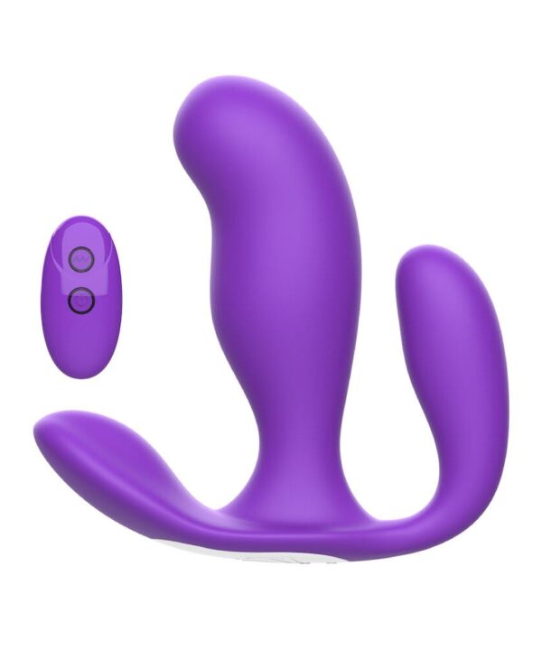 Vibrador roxo com controle remoto sem fio, feito de silicone macio e seguro para uso íntimo.