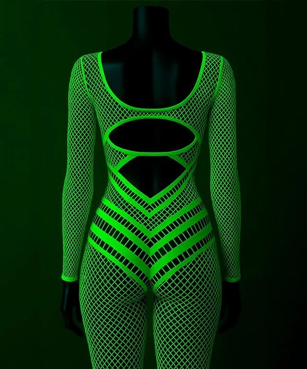Body Arrastão Neon Glow com detalhes em luzes verdes vibrantes.