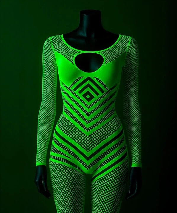 Vestido body arrastão neon com efeito glow para festas e eventos. Design vibrante e moderno, ideal p.