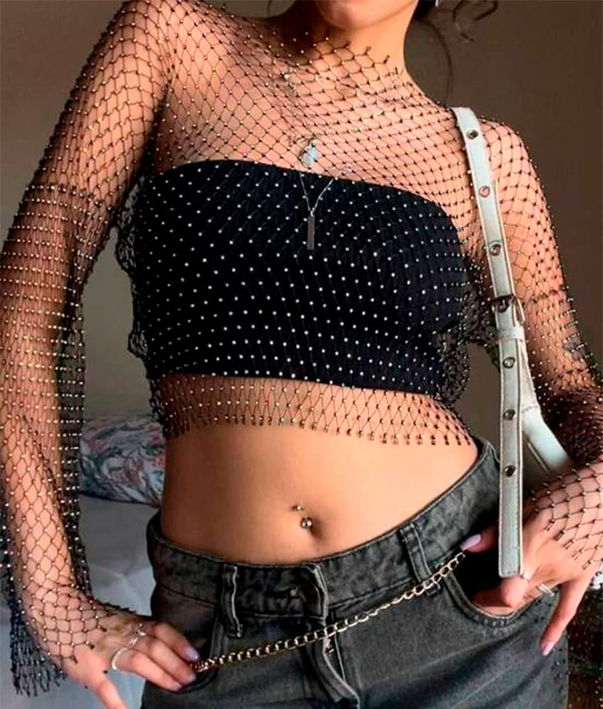 Cropped de Tela com Mangas Longas e Strass