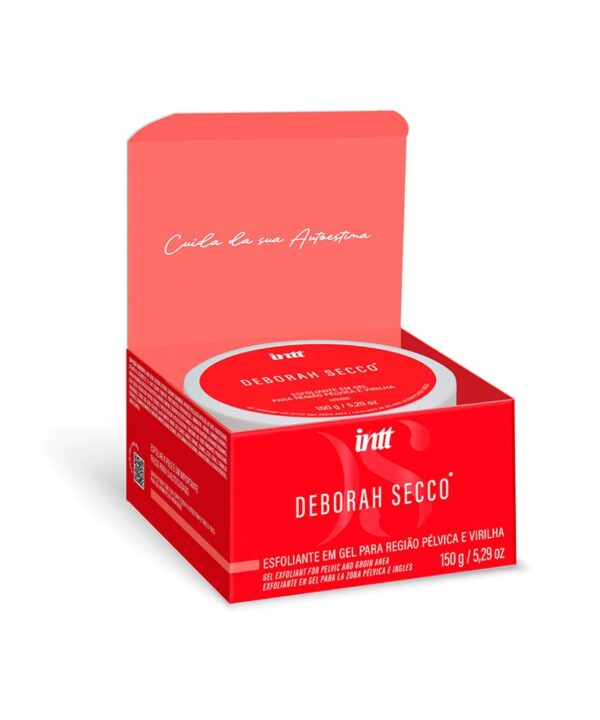Imagem de embalagem de esfoliante íntimo Deborah Secco, em caixa vermelha com tampa rosa.