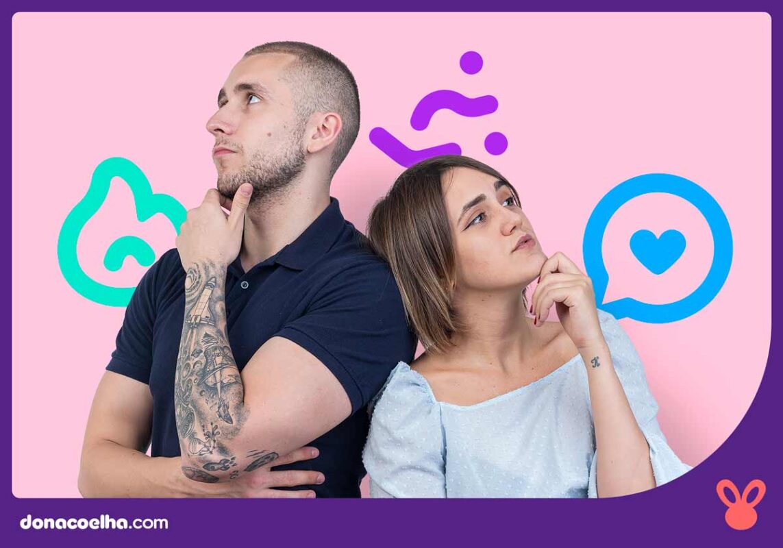 Homem e mulher pensativos com fundo colorido