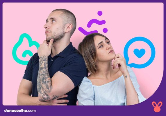 Homem e mulher pensativos com fundo colorido