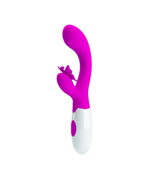 Vibrator rosa com design ergonômico e estimulador de clitóris.