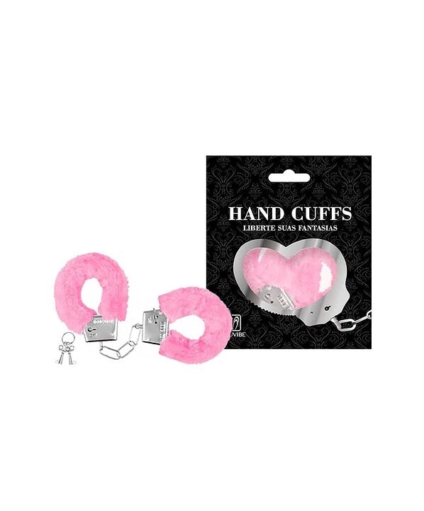 Algema de metal com pelúcia rosa, ideal para fantasias e brincadeiras divertidas. Produto seguro e c.