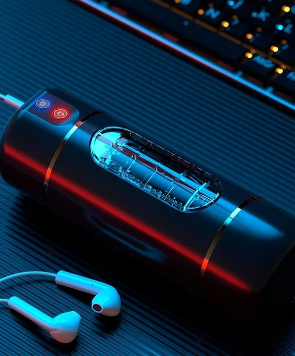 Cofre de som Bluetooth com luz LED azul e controle de volume, ideal para festas e eventos.