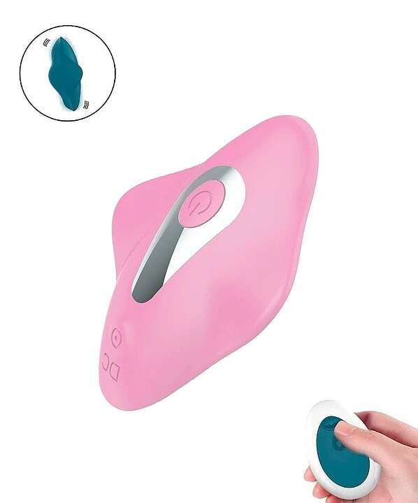 Vibrador de calcinha rosa com controle remoto e design ergonômico.