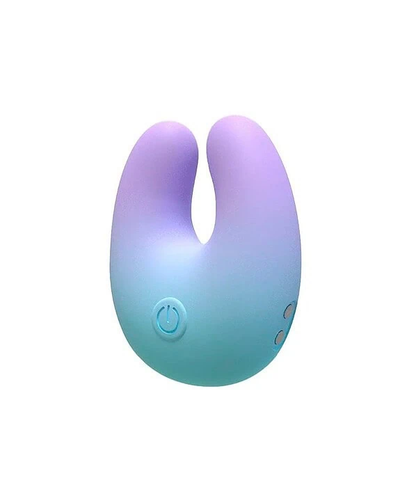 Dispositivo de massagem em forma de coelho com luzes suaves em tons de roxo e azul.