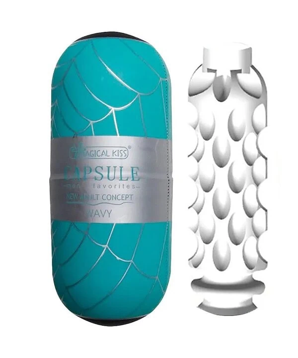 Descrição de capsule de brinquedo com design de animal print em azul e branco.