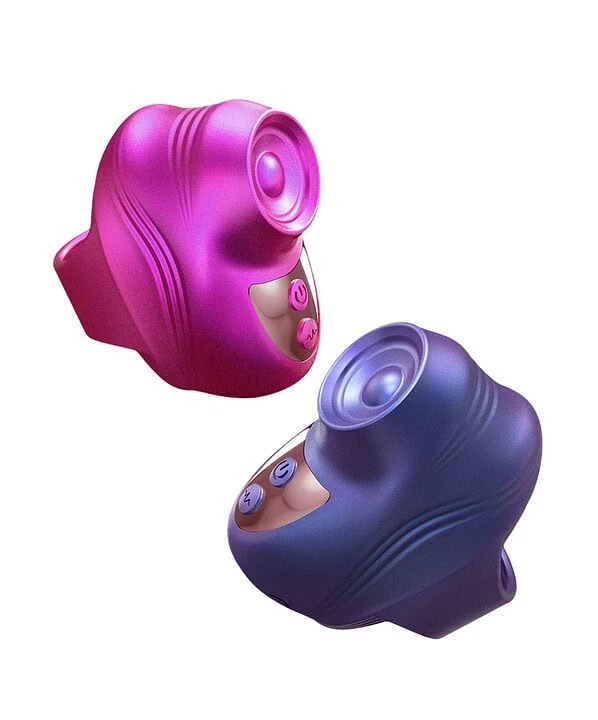 Vibrador de dedo Kisscool em cores rosa e azul, com controle de intensidade e design ergonômico.