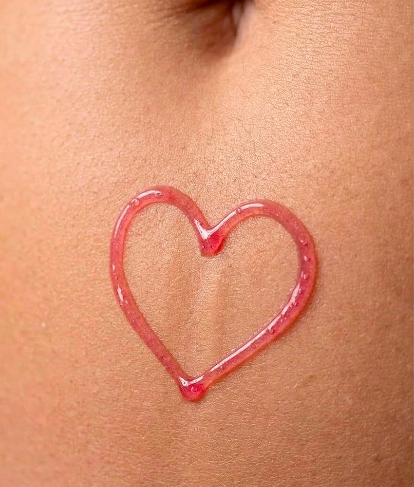 Coração de glitter rosa desenhado na pele com brilho e detalhes delicados.