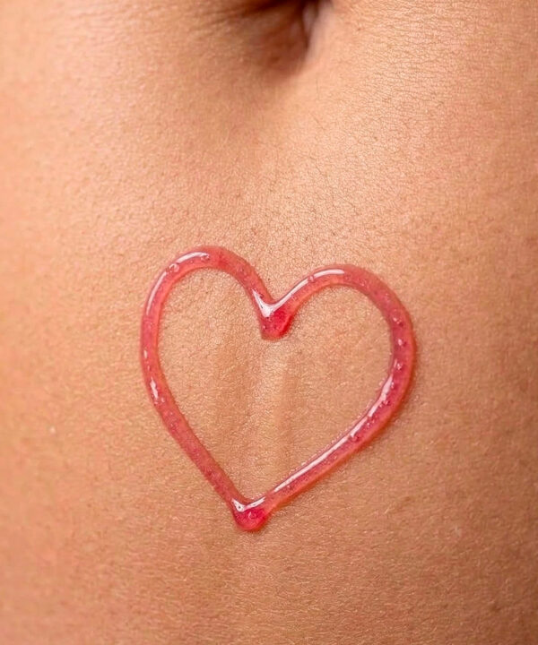 Imagem de coração feito com geleia ou tinta vermelha na pele.
