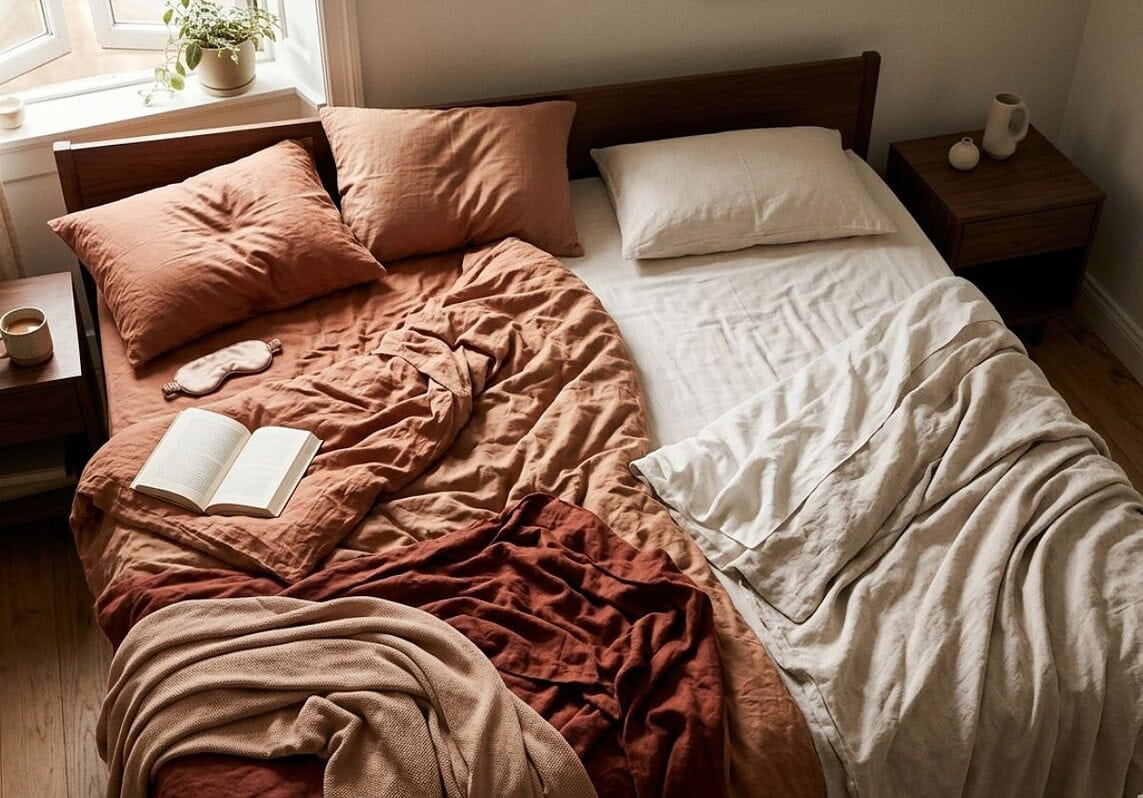 Imagem de cama desarrumada com roupas de cama e livros.