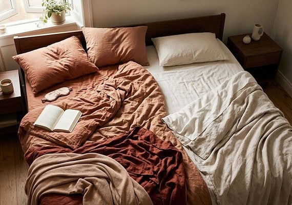Imagem de cama desarrumada com roupas de cama e livros.