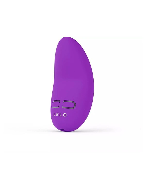 Massageador clitoriano em roxo com controles de intensidade.