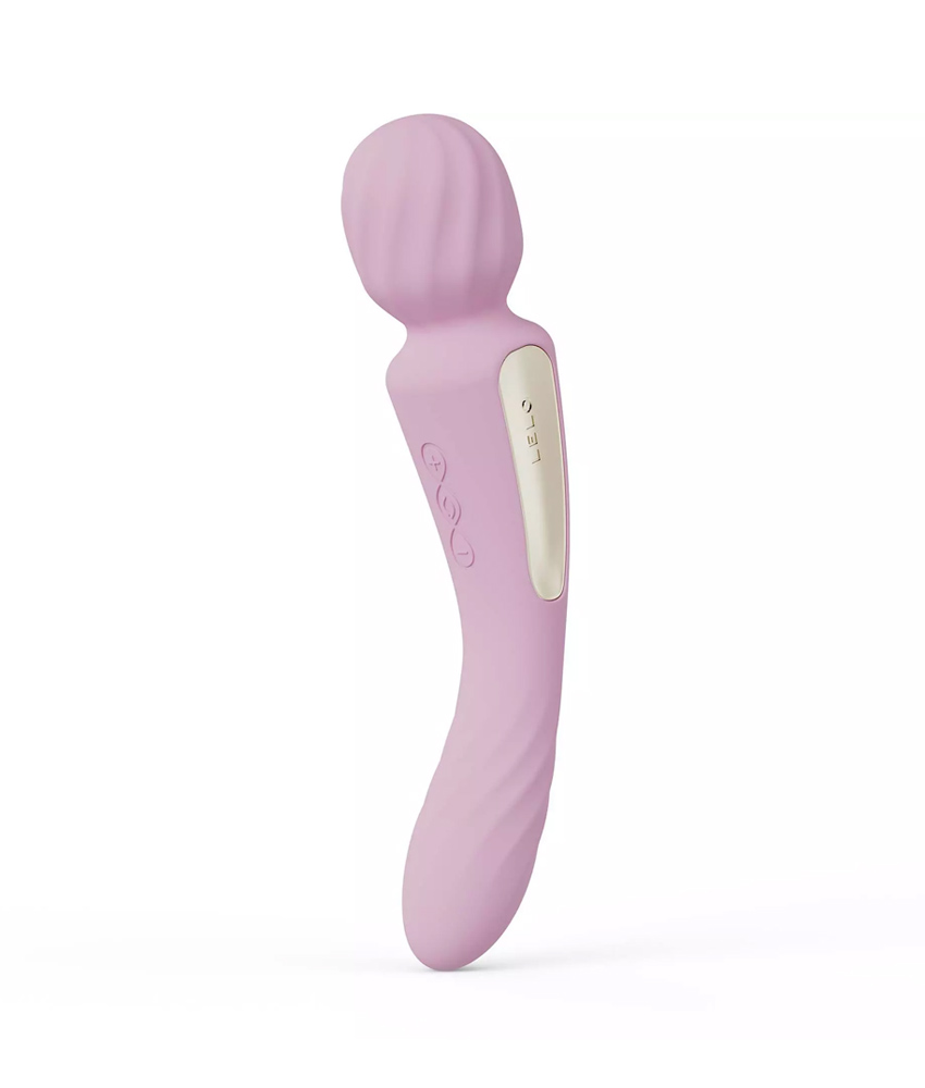 Varinha vibratória dupla em rosa com design ergonômico e controle de intensidade.