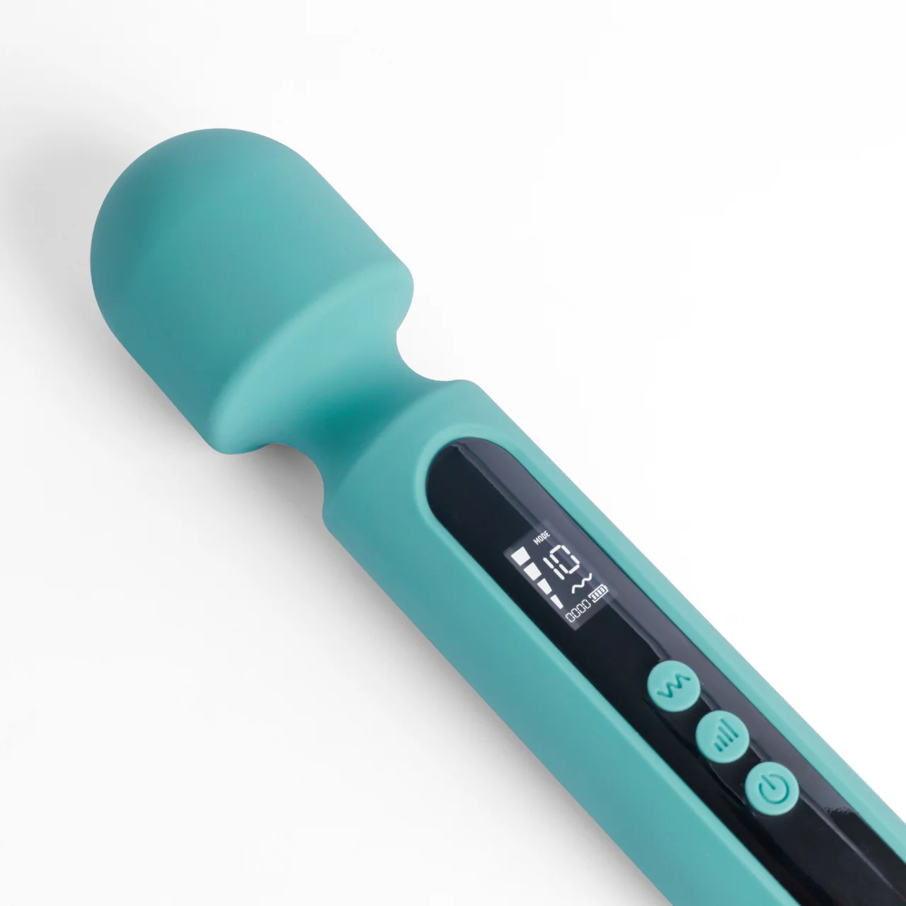 Massageador elétrico portátil com display digital e controle de intensidade.