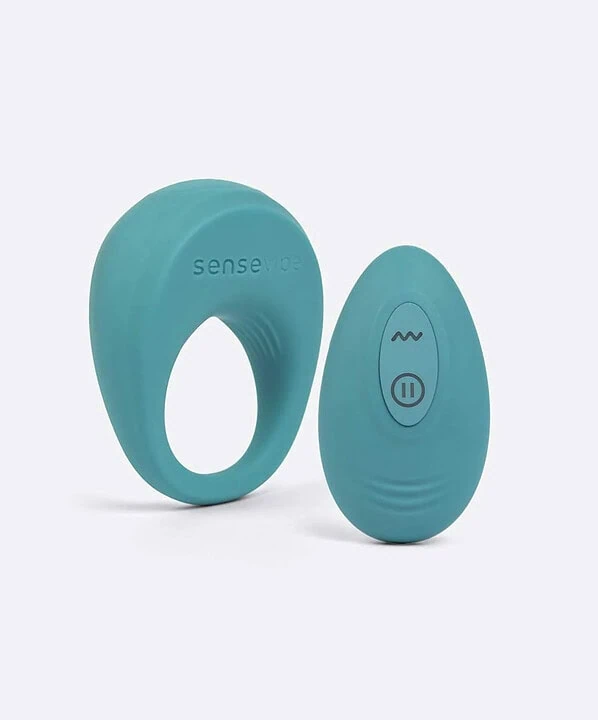 Anel peniano vibratório azul da Dona Coelha para prazer masculino.