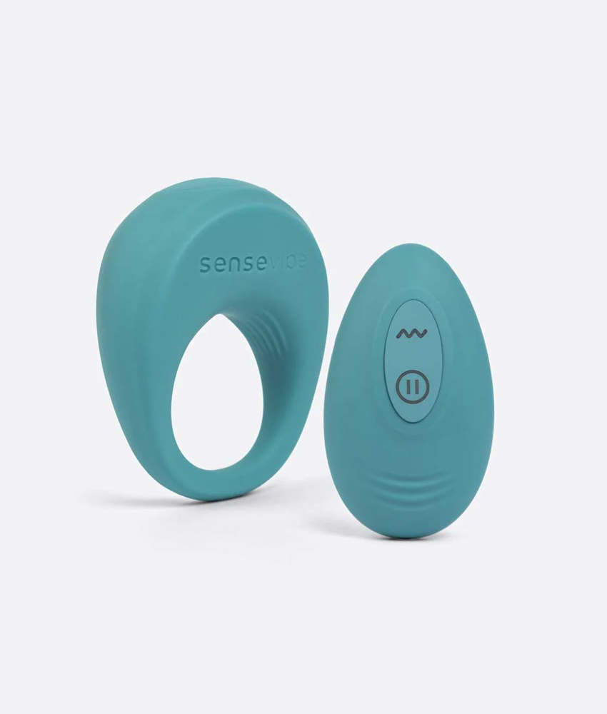 Anel peniano vibratório azul da Dona Coelha para prazer masculino.