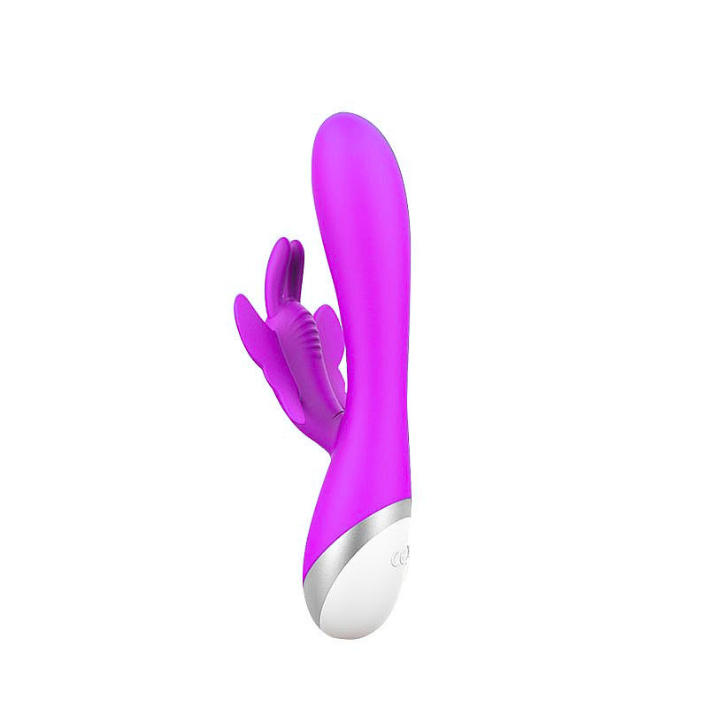 Vibrador rosa com estimulador clitoriano, design ergonômico e suave para prazer intenso.