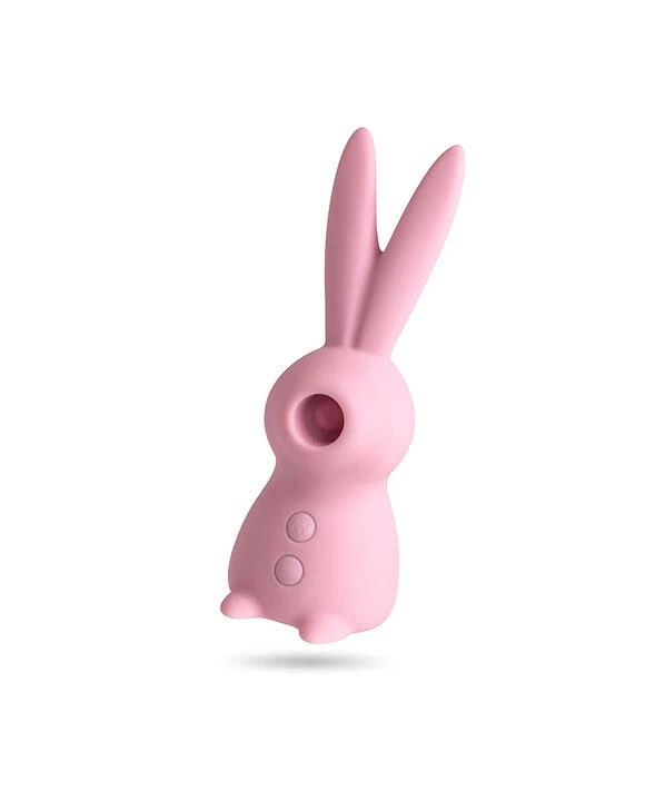 Estimulador de clitóris em formato de coelho rosa com botões.