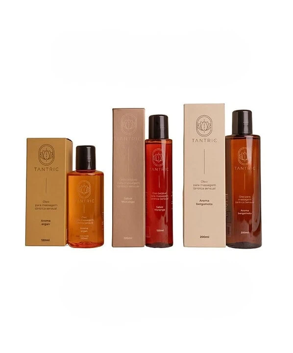Óleos para massagem da linha Tantric com embalagens elegantes.