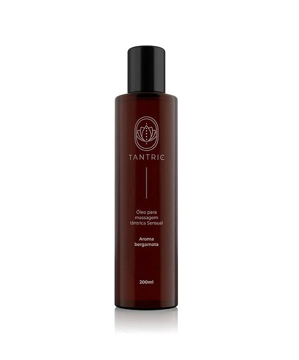 Óleo para massagem tântrica com aroma de bergamota, 200ml, embalagem elegante.