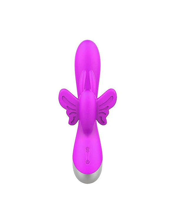 Vibrador com design de borboleta e formato de coelha em roxo.