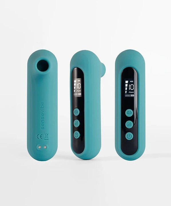 Estimulador de clitóris com controle digital e design compacto.
