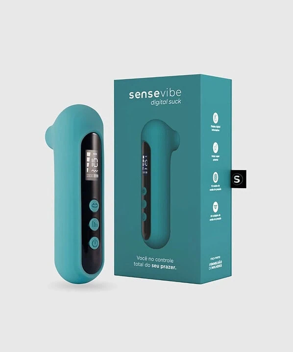 Estimulador clitoriano Sensevibe com controle digital e design ergonômico.