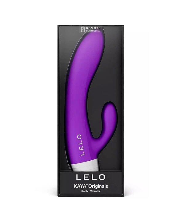 Vibrador KAYA Originals em embalagem preta com detalhes em roxo.