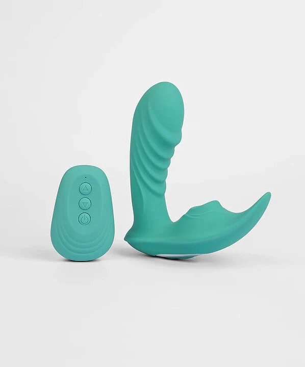 Vibrador de clitóris recarregável com controle remoto em tom azul.